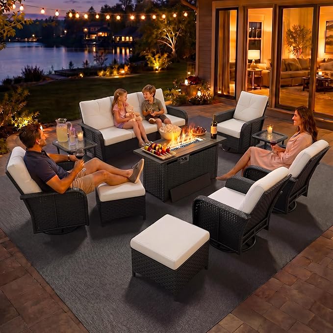 Aoxun 12-Piece Patio Furniture Set with 44” Fire Pit Table, Wicker Outdoor Sectional Sofa with High Back Swivel Rocker Chairs, Outdoor Patio Furniture Set with Thick Cushions & Ottoman, Beige