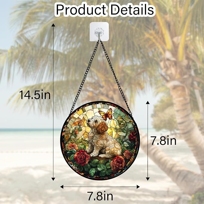 DASTOLL Stained Glass Window Hanging, Cute Dog and Flowers Suncatcher for Doors Home Butterfly Sun Catchers Decoration and Christmas, Mother's Day Birthday Gifts for Women, Men, and Mom 7.8 in