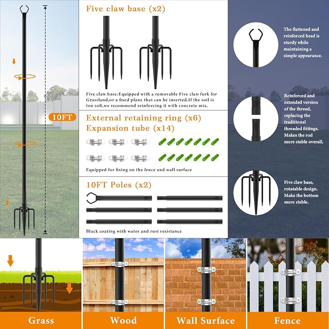 Mutovlin 8 Pack String Light Poles,10 Ft Light Poles for Outside String Lights,Outdoor Lights Pole with Fork,Metal Poles Stand for Patio Deck Backyard