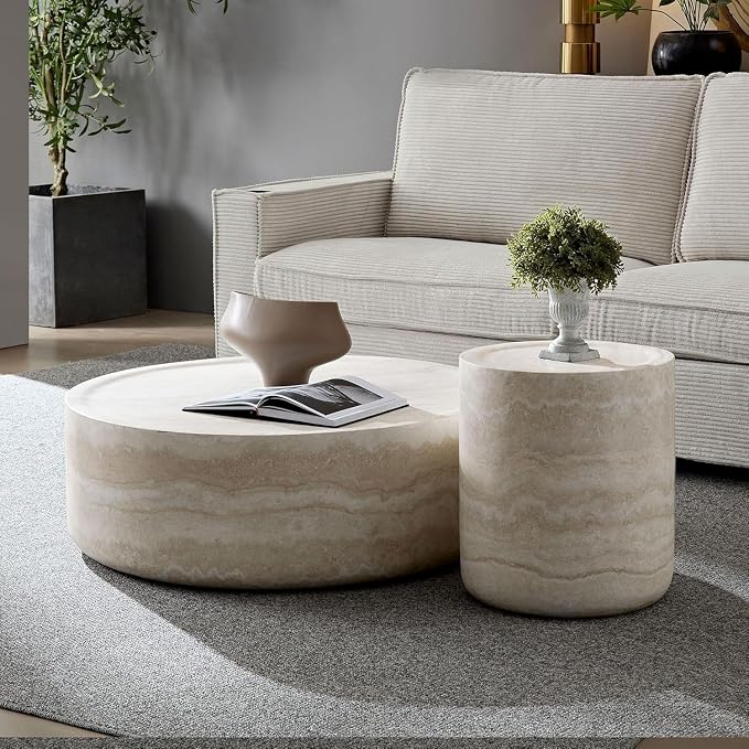 Faux Marble Round Side Table for Living Room Faux Stone Side Table End Tables Modern Travertine Circle End Tables for Apartment, No Need Assembly (Fiberglass-15.74'')