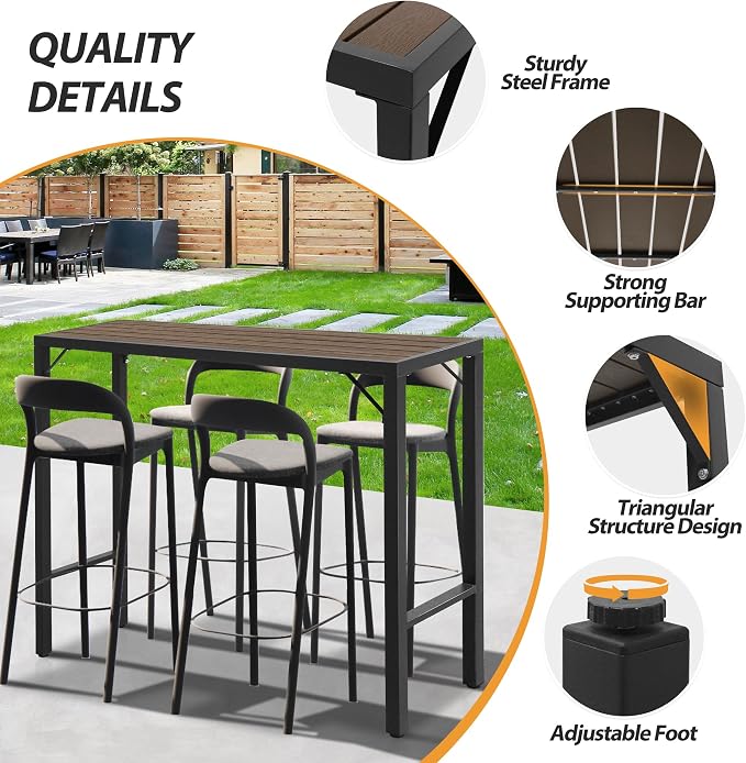 Outdoor Bar Table, 47” Patio Bar Height Table, Bar Counter Pub Dining Table with Waterproof Top for Balcony, Garden, Yard, Poolside (Brown)