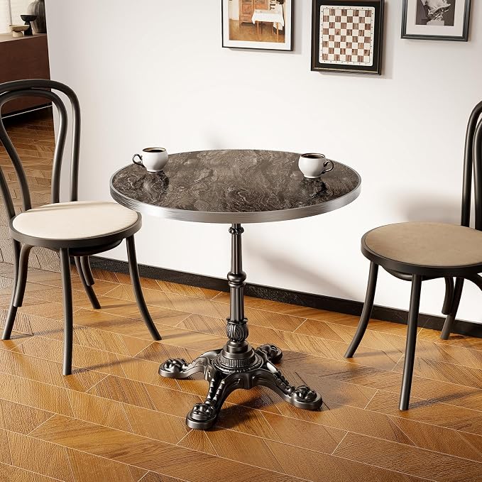 31.5" Outdoor Tulip Dining Table with Sintered Stone Tabletop and Cast Iron Base, Antique Patio Bistro Table for 2-4 Person for Indoor Outside Cafe Restaurant Backyard Garden (Venetian Brown Marble)