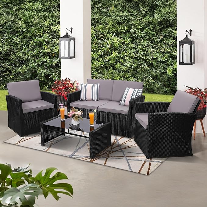 KROFEM 4-Piece Patio Furniture Set, Wicker Outdoor Rattan Sectional Sofa with Cushions and Glass Table, All-Weather Outdoor Conversation Set for Garden, Porch, Backyard, Patio, Black and Grey