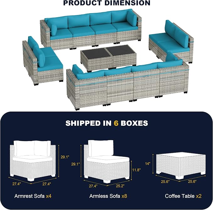 14-Piece Outdoor Patio Furniture Set, PE Wicker Rattan Sectional Sofa Conversation Set with Tempered Glass Table & Thick Cushions - All-Weather Garden, Backyard Furniture, Turquoise