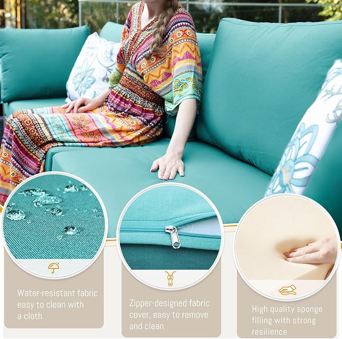 BULEXYARD 9 Piece High Back Outdoor Sectional Couch Set with Fire Pit, Elegant All-Weather Patio Furniture Set, Extra Large Size 8-Person Backyard Seating Group L-Shaped for Yard, Deck, Brown & Teal