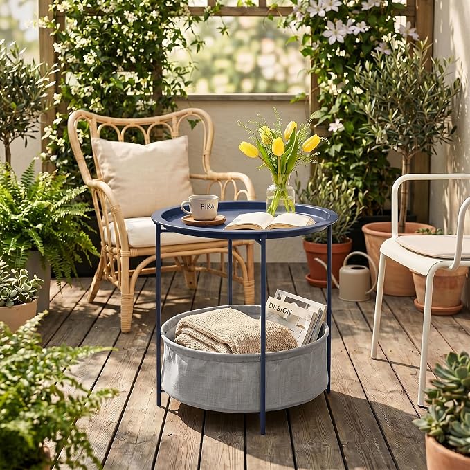 VECELO Round Side/End Table with Fabric Storage Basket，Metal Anti-Rust and Waterproof Small Bedside Nightstand with Removable Tray Top for Living Room，Balcony & Laundry，Blue /1pcs with Basket