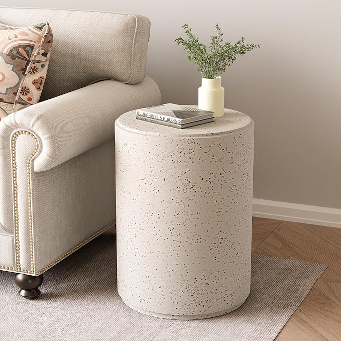 HOMPUS Outdoor Side Table Round, Concrete Lightweight MgO End Table, Patio Accent Coffee Table Garden Tool for Patio, Porch and Deck, Spotted White
