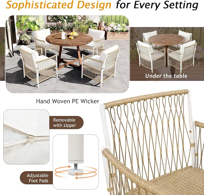 Merax Outdoor Dining Table Set, 5-Piece Outdoor Dining Table Sets with 4 Rattan Arm Chairs Patio Extendable Wooden Foldable Round Kitchen Table Set for Lawn, Deck, Backyard, Natural