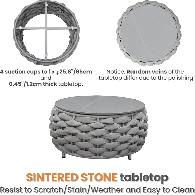Short Round Patio Coffee Table: Hand Woven Rope Side Tables Assembled - Aluminum Outdoor Accent Table Modern - Metal Porch Furniture for 176lbs Deck Garden Pool Balcony Hotel, φ25.6''/65cm, Gray