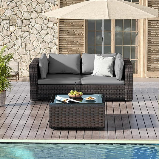 3 Piece Patio Furniture Set All Weather PE Rattan Outdoor Sectional Sofa Couch with No-Slip Cushions and Glass Top Table for Garden, Poolside, Backyard (Gray)