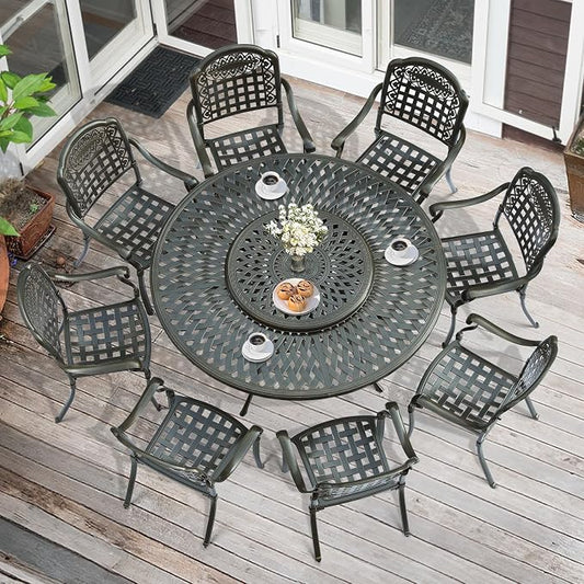 MEETWARM 9-Piece Outdoor Furniture Dining Set, All Weather Cast Aluminum Patio Garden Set with 8 Chairs, 61" Round Patio Dining Table with Detachable Lazy Susan, 2" Umbrella Hole,Dark Bronze