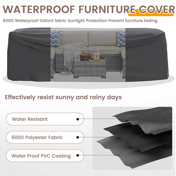 UDPATIO Patio Furniture Set with 44'' Fire Pit Table, 8 PCS Outdoor Sectional Furniture Sets, Outdoor Conversation Set PE Rattan Sofa for Backyard W/Coffee Table (Beige Cushions with Grey Rattan)