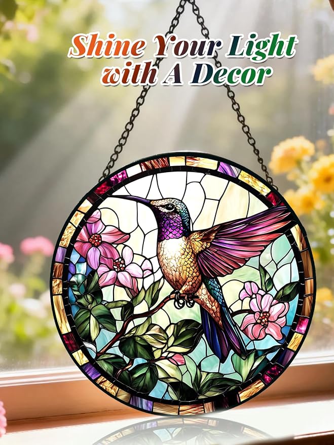 Hummingbird Stained Glass Suncatcher Window Hanging Flowers Gifts for Mom | 9.8in Garden Sun Catcher, Bird Pink Flowers Ornament for Door Home, Gift for Bird Lovers Grandma & Mother's Day Christmas