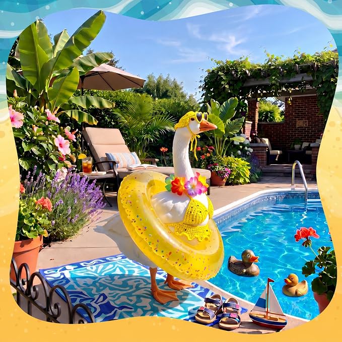 Summer Knitted Bikini Goose Outfit Hawaiian Beach Porch Goose Clothes Swimsuit with Wide Hat Sunglass Swim Ring for 17-23 Inch Cement Geese Statue Costume Outdoor Patio Lawn Garden Yard Decor