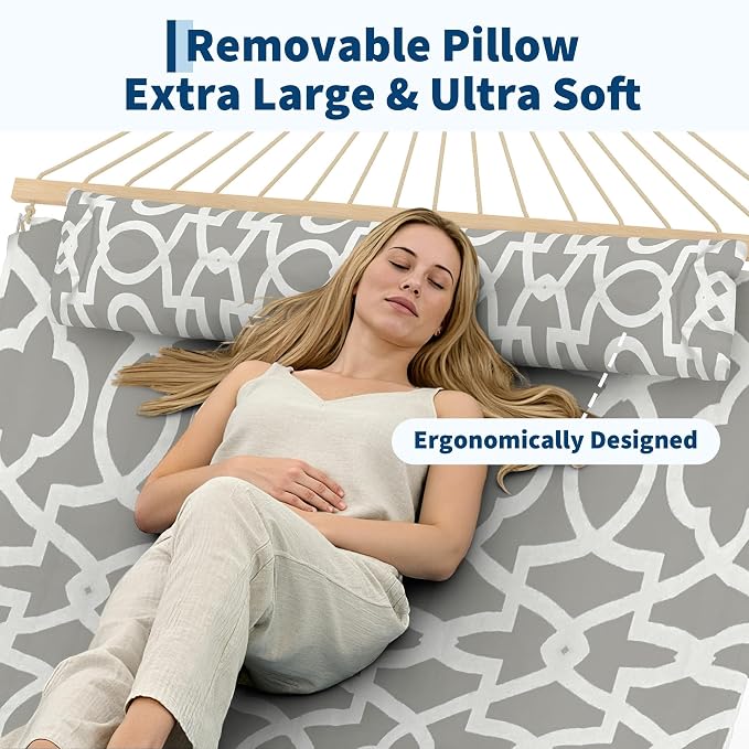 Double Quilted Hammock with Wooden Spreader Bar, 2 Person for Outdoor Without Stand, Patio Backyard Poolside, Light Gray Stripe