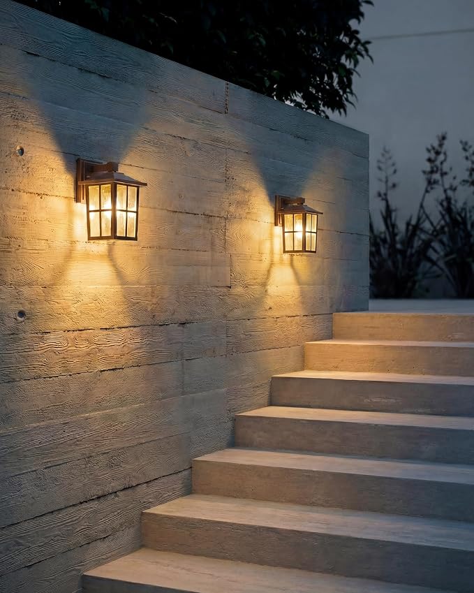 KDG Brown Outdoor Waterproof Modern Patio Wall Light Fixtures Set of 2 | E26 Socket Exterior Lanterns & Sconce with Tempered Glass, Wall Mounted Lamps for Home, Front Door, Garden, Garage, Porch