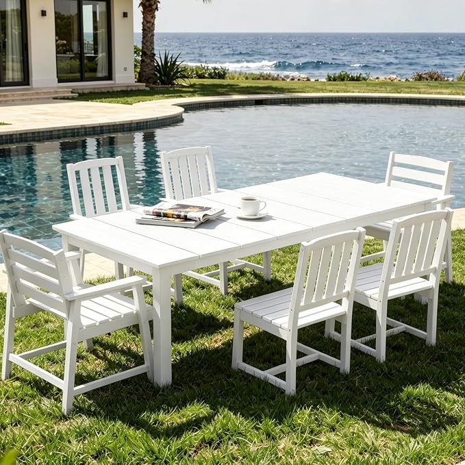 AreShark 7-Piece Outdoor Dining Set,HDPE Patio Table with 6 Chairs,All-Weather Patio Furniture Set with Umbrella Hole,Low Maintenance Wood Grain Dining Set for Backyard,Garden,Poolside,White