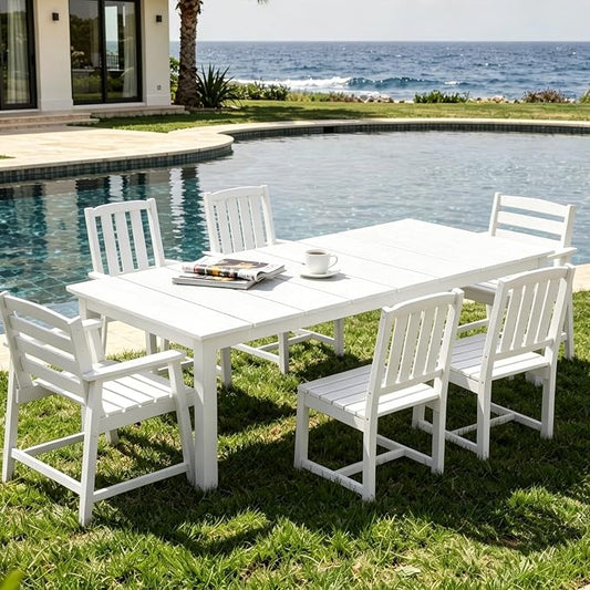 AreShark 7-Piece Outdoor Dining Set,HDPE Patio Table with 6 Chairs,All-Weather Patio Furniture Set with Umbrella Hole,Low Maintenance Wood Grain Dining Set for Backyard,Garden,Poolside,White