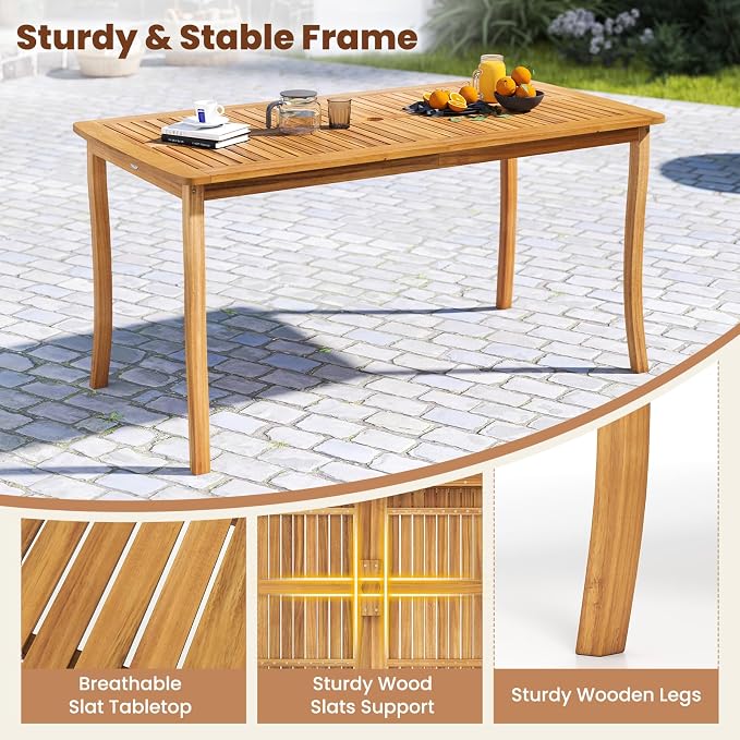 HAPPYGRILL Outdoor Acacia Wood Dining Table for 4-6 People, Patio Furniture Table with Umbrella Hole & Cover, 63” Slatted Tabletop, for Backyard, Patio, Deck, Porch