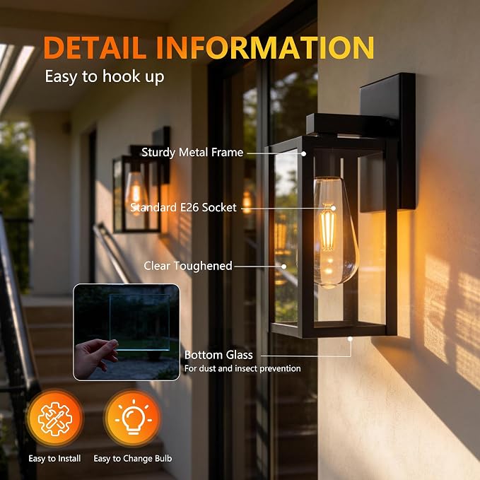 Outdoor Wall Light Fixtures Anti-Rust Porch Lights Outdoor Waterproof Exterior Lighting Fixtures Front Door Wall Lantern for House - 2 Pack