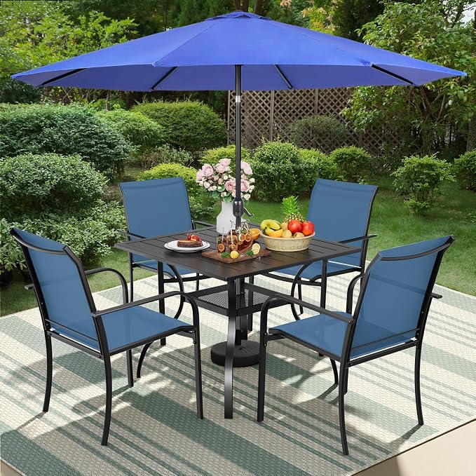 5-Piece Patio Dining Set,4 Person Outdoor Table and Chairs Set, 4 Metal Dining Chairs and Square Outdoor Table with 1.57" Umbrella Hole,Blue
