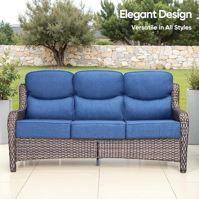 Luxury Patio Furniture Set 10pcs with 6-inch Cushion, Outdoor Furniture with Fire Pit Table, Swivel Chairs, Sofa, Side Table, Ottomans, Patio Set for Deck Yard Brown Wicker | Blue Cushions