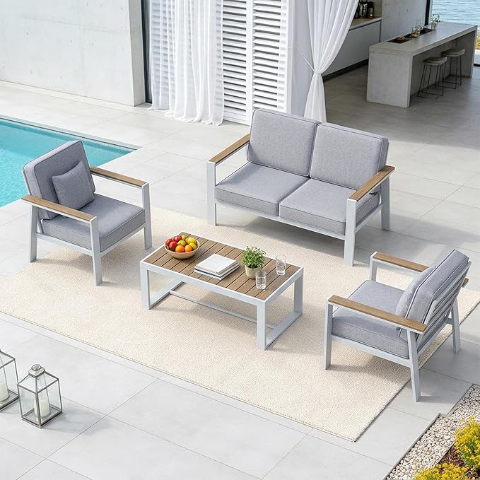 Premium Aluminum Patio Furniture Set 4 Piece,Outdoor Conversation Set with Wide Armrest,5" Thick Cushions, Olefin Fabric,Rustproof Metal Frame,Deep Seating Patio Sofa Set for Backyard,Deck,villa,White