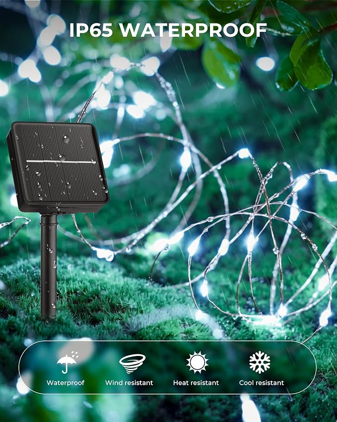 Solar Fairy Lights,33Ft 100 LED Solar String Lights with 8 Modes Pure White | IP65 Waterproof Solar Twinkle Lights Outdoor & Indoor, Patio Lights for Tree Garden Party Wedding Christmas Decoration