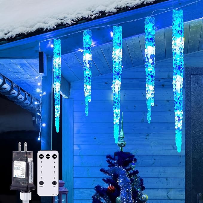 Brightown Icicle Lights for Outside with Remote, 20ft 100 LED 20 Tubes Connectable Ice Shape Hanging Christmas Lights for Tree Patio Roof Holiday Decor, Blue and White