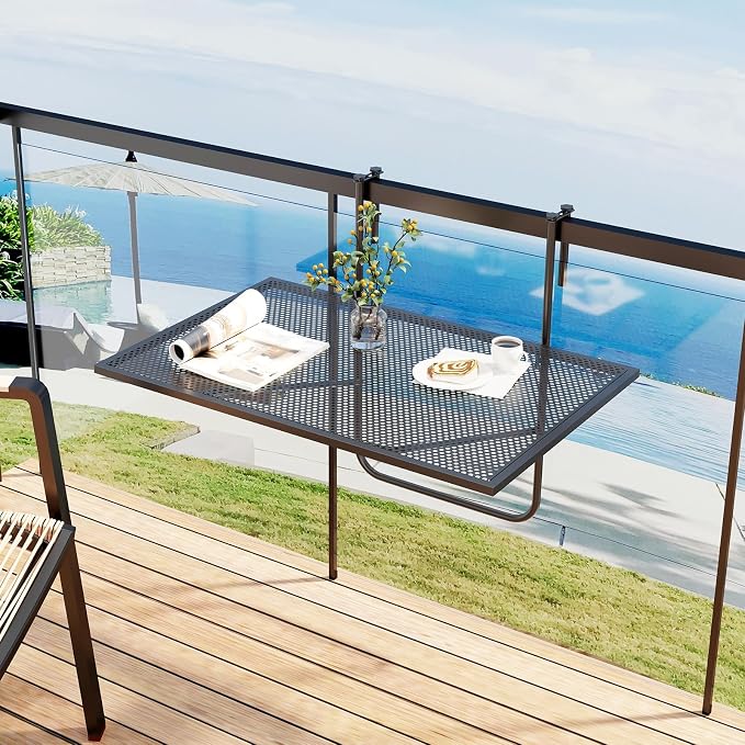 Tangkula Balcony Railing Table, Outdoor Folding Hanging Table with Metal Frame, Space-Saving Bar Serving Table Fits Railings Up to 2.4” Thick for Patio, Porch, Deck