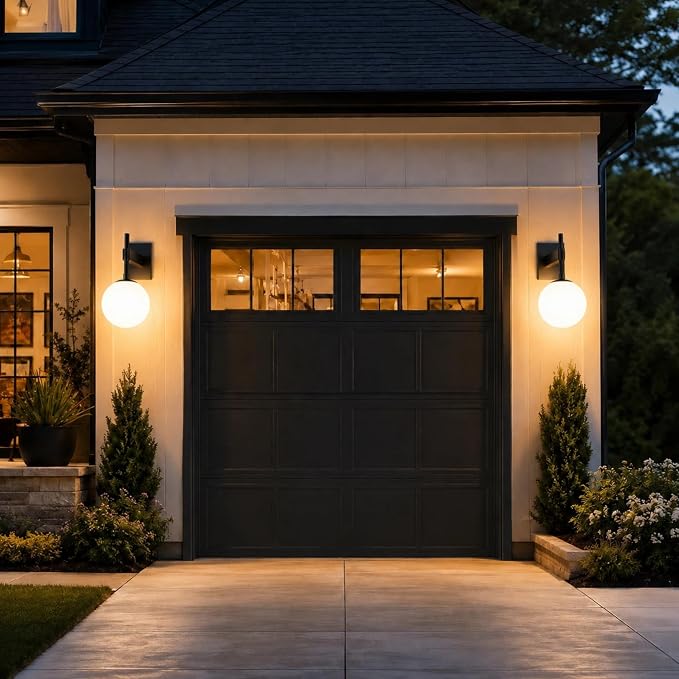 Hyunbae Modern Globe Outdoor Wall Sconce, 18.1" Large Black Porch Lights | E26 Front Porch Light, White Globe Glass Shade, IP65 Waterproof Exterior Lighting Fixtures, Garage Patio Entryway Use
