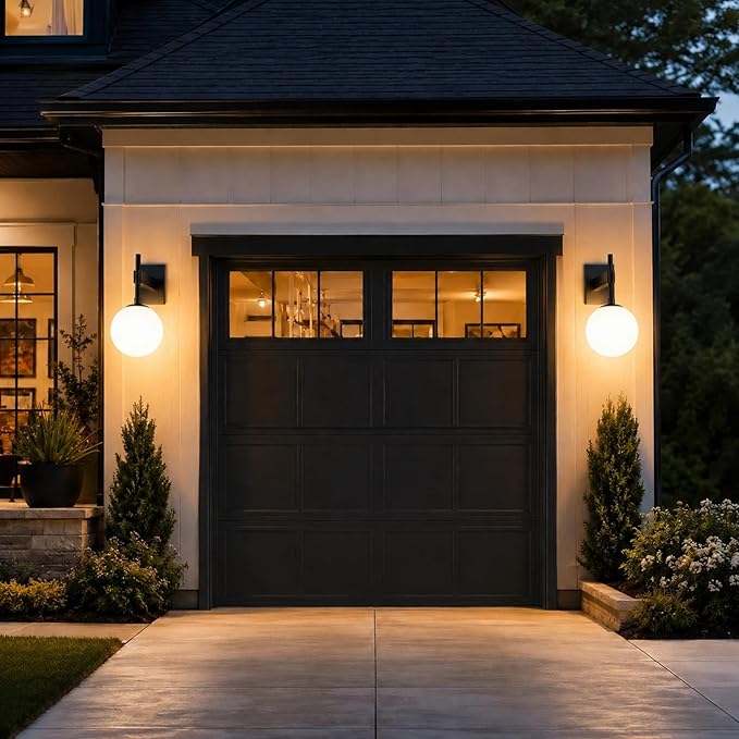 Hyunbae 18.1" Dusk to Dawn Outdoor Wall Sconce, Black Modern Exterior Light | White Globe Glass Shade, E26 Front Porch Light, Photocell Sensor, Garage Patio Entryway Use, IP65 Wall Mount Waterproof