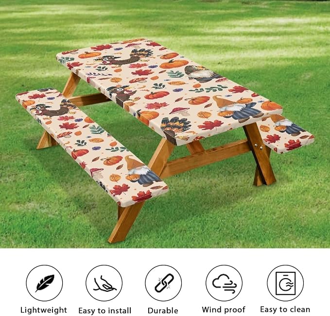 Thanksgiving Picnic Table Cover with Bench Covers, Beach Waterproof Outdoor Table Cover, Picnic Table Covers with Elastic Suitable for Thanksgiving Decoration