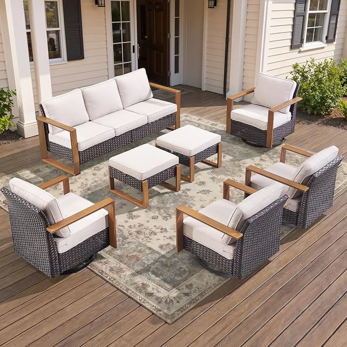 7-Piece Outdoor Patio Furniture Set with 4 Swivel Chairs, All-Weather Wicker Sofa Set for Garden, Yard, Porch and Poolside Seating Beige