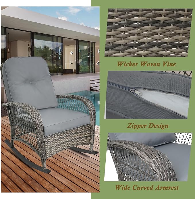 Outdoor Wicker Rocking Chair, All Weather Resin Rattan Wicker Rocking Chairs, for Garden Backyard Lown Porch,2pc,Grey