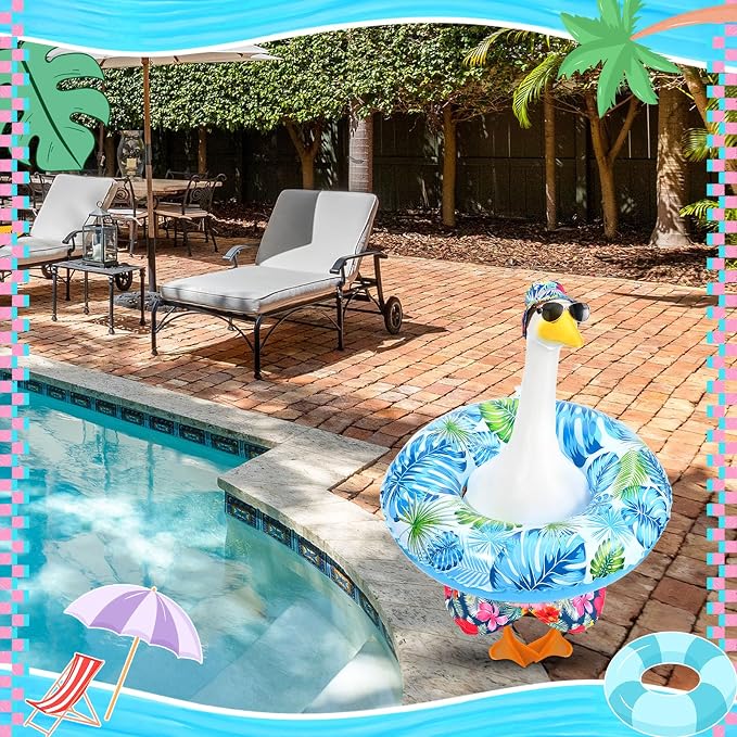 Summer Goose Outfits Porch Goose Hawaiian Outfit Swimming Goose Clothes with Swim Trunks Sun Hat Sunglasses Swim Ring for 23'' Geese Statue Spring Summer Decor (Colorful Tropical Floral)