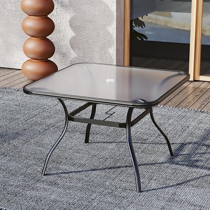 37 inch Square Glass Ourdoor Patio Table with Umbrella Hole for 4 Person | Glass Table Top, Metal Black Frame