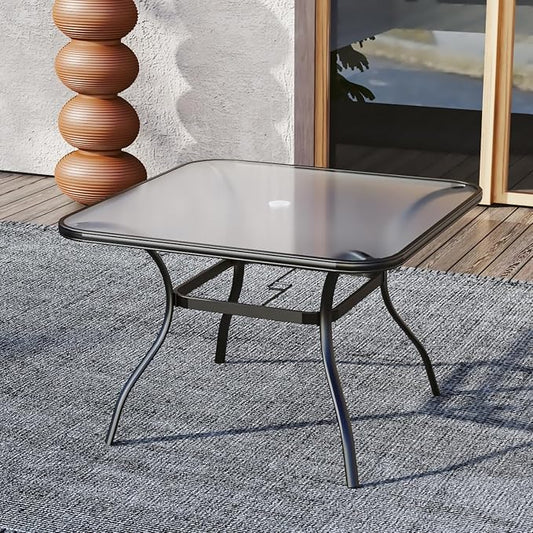 37" Square Outdoor Patio Glass Dining Table for 4 Person with Black Frame | Glass Table Top, 1.7 inch Umbrella Hole, 4 Person Use, Metal Black Frame, All Weather, Rust Free