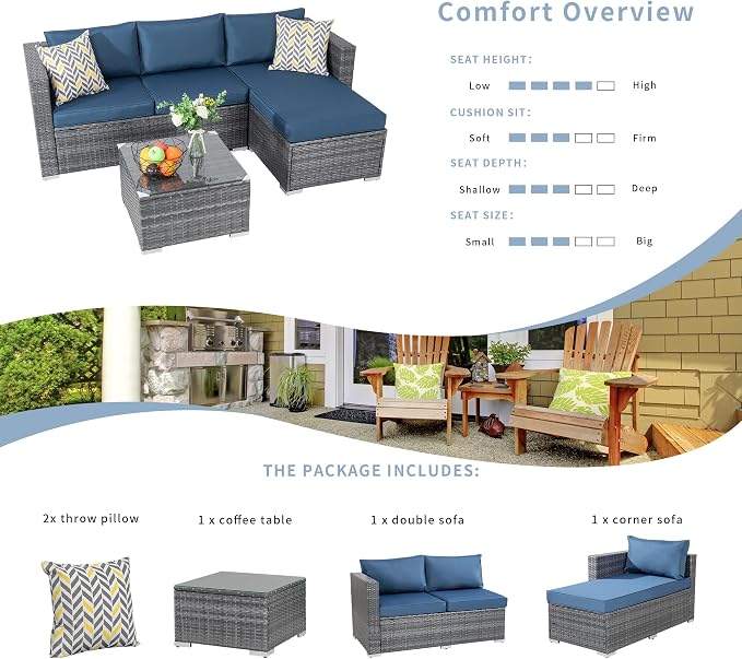 SUNLEI 3-Piece Patio Sectional Sofa, Patio Furniture Set with Cushions, All Weather Outdoor PE Wicker Patio Conversation Sofa Set with Glass Coffee Table & Ottoman, Silver Rattan/Aegean Blue