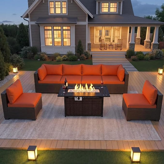 CHABATREE 8-Piece Wicker Patio Conversation Set with 44" Propane Fire Pit Table, Cozy Outdoor Sectional Sofa for Backyard Gatherings, Poolside Lounging & Garden Parties