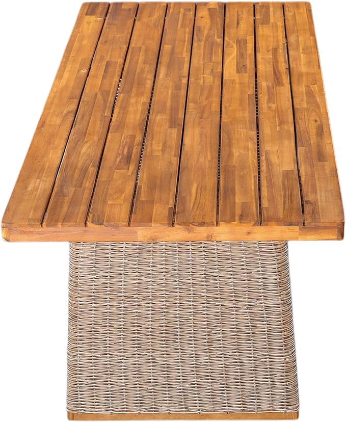 Christopher Knight Home Shuri Patio Acacia Wood Dining Table, Slatted Tabletop Outdoor Side Table with Handwoven Rattan Legs, Rectangular Outdoor Dining Table for Backyard/Garden, Brown + Teak
