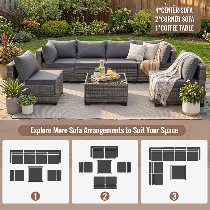 Loungewave 7 Pieces Outdoor Patio Furniture Set, Wicker Rattan Patio Conversation Set with Cushions & Coffee Table, All Weather PE Rattan Patio Sofa with Tea Table for Backyard Porch Garden (Grey)