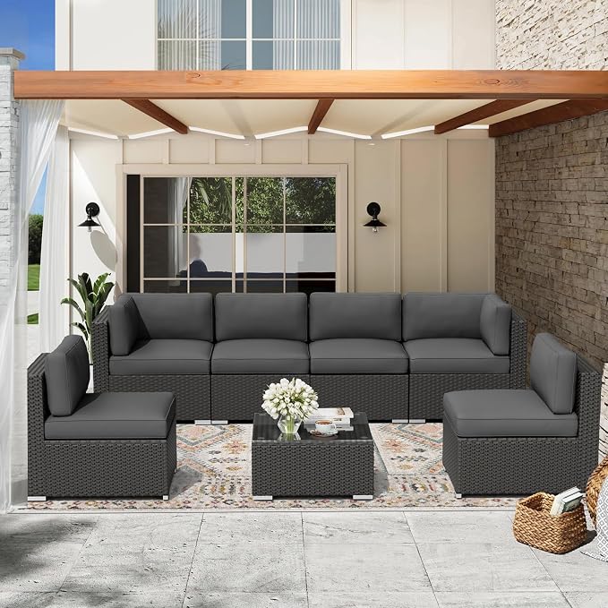 Oakcloud 7-Piece Outdoor Patio Furniture Black Rattan Wicker Sectional Sofa Conversation Set with Glass Top Table and Cushions (Grey)