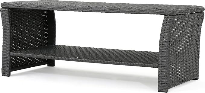 2 Tier Rattan Coffee Table, Outdoor Rectangle Patio Coffee Table with Storage for Patio Balcony Porch Deck