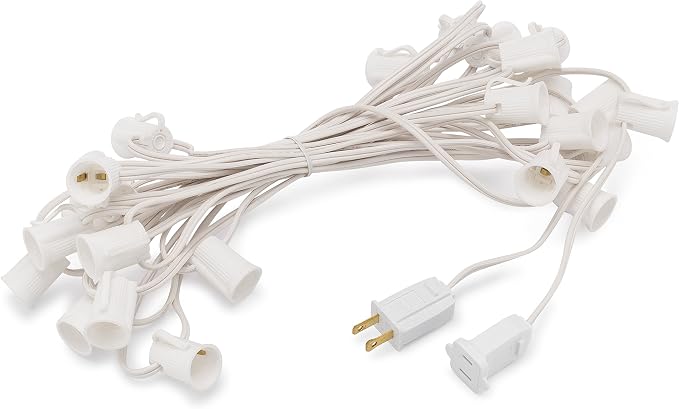 C9 Light Strings | 100' White Cord with 12" Socket Spacing, E17 Light Stringer for C9 Christmas Lights