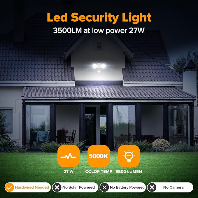 UME LED Security Light Motion Sensor Outdoor Lights, 27W 3500LM, 5000K, IP65 Waterproof, Dusk to Dawn, 2 Head Motion Detector Flood Light for Outside, Garage, Yard (White)