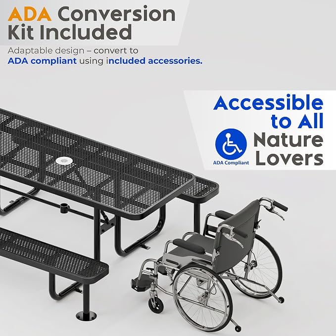 Commercial Heavy-Duty Metal Picnic Table - ADA Compliant, Adjustable Seats, Umbrella Hole, Expanded Metal (Black, 8' Rectangular)