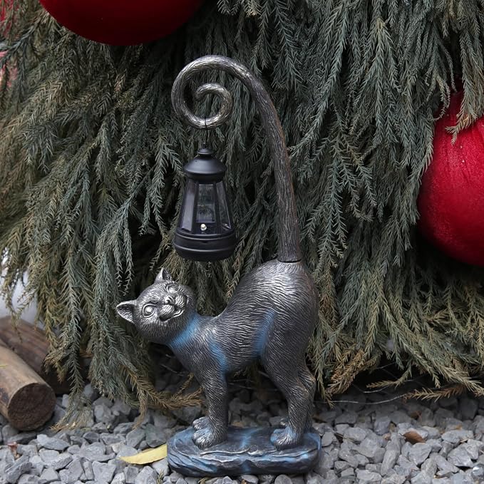 Halloween Decorations Gifts Outdoor Cat Garden Statues with Solar Lights, Home Decor Cat Figurines for Lawn,Patio,Balcony,Porch,Yard Art Ornament- Birthday Gifts for Women Grandma Sister