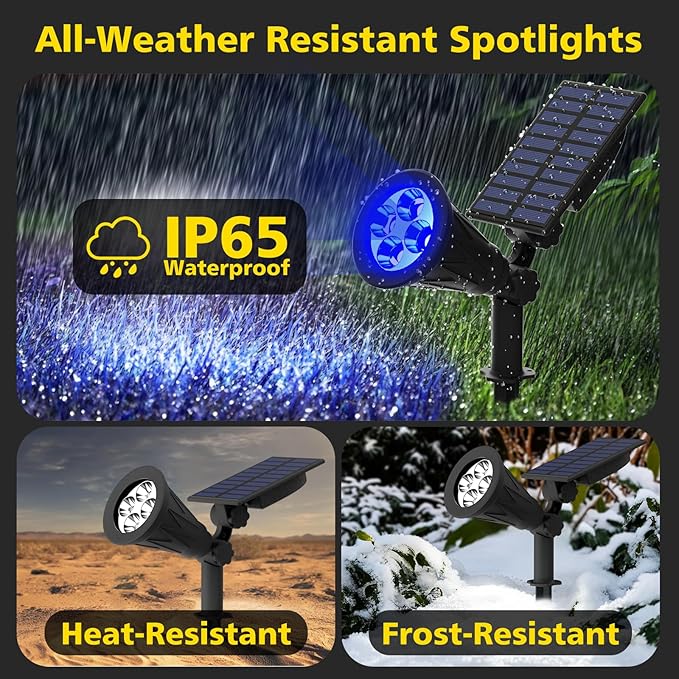 T-SUN Blue Solar Spot Lights Outdoor Waterproof, Solar Spotlights, 2 Pack | 4 LEDs, 2 Lighting Modes, IP65 Waterproof Dusk to Dawn Solar Lights for Tree, Patio, Yard, Garden, Driveway, Halloween