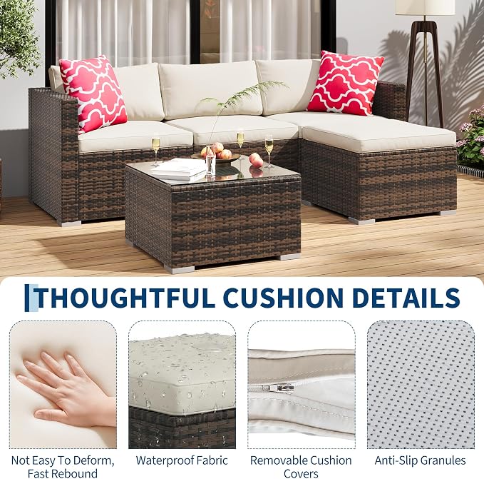 PeakPursuit Outdoor Patio Furniture Set, 5 Pieces Rattan Patio Conversation Sets with Glass Coffee Table and Cushion,All Weather Outdoor Patio Sofa for Garden, Poolside, Backyard,White